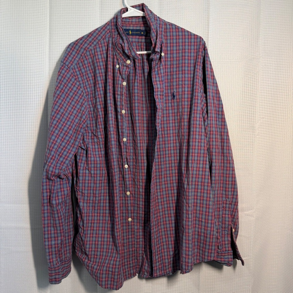 Ralph Lauren Button Down‎ Shirt XL Red Blue Plaid Long Sleeve Pony Logo